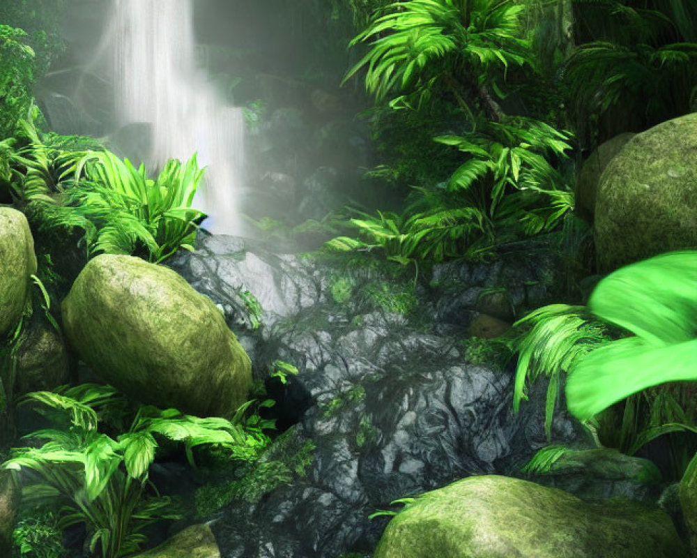 Tranquil forest waterfall with moss-covered rocks