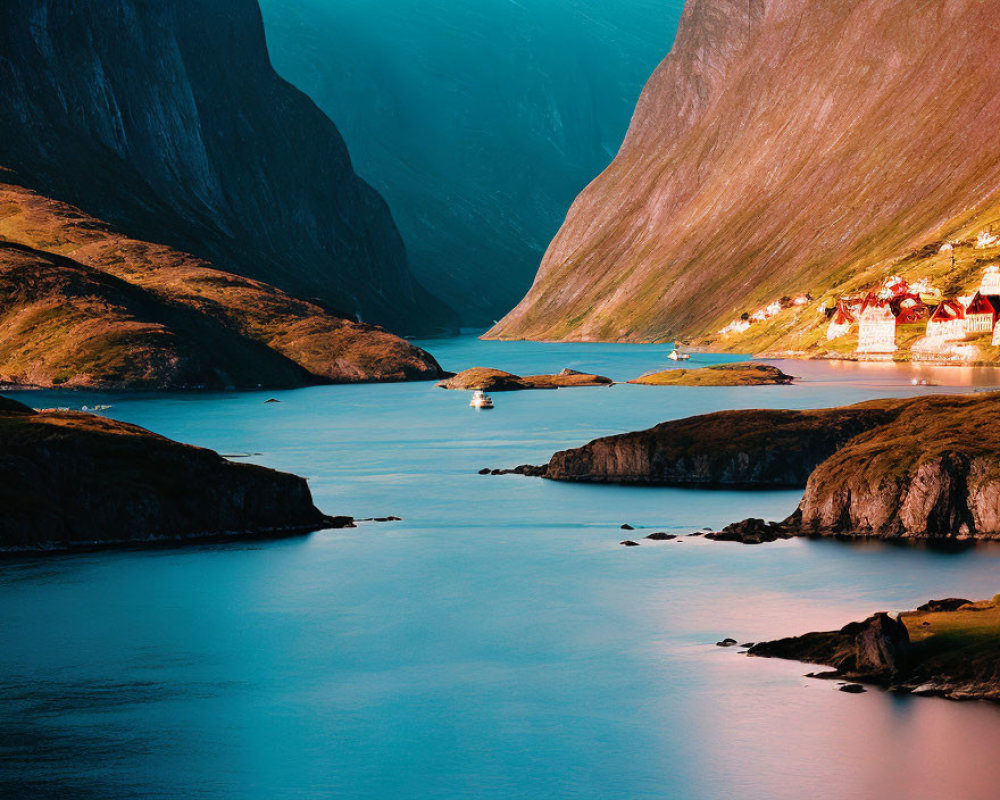 Mountainous fjord with village, boat, and golden light