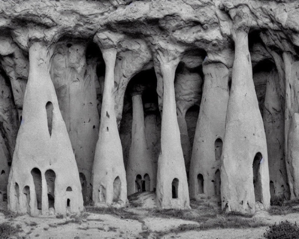 Monochrome image of weathered cliff resembling ancient cave dwellings