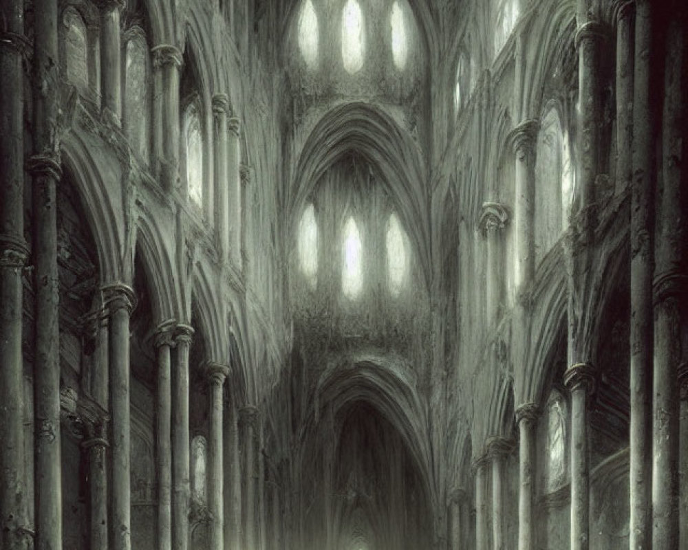 Gothic Cathedral Interior with Arched Ceilings and Column-Lined Nave