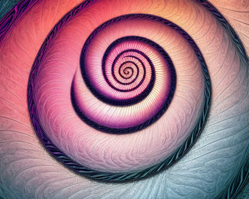 Spiral fractal image: Purple to orange gradient, depth illusion