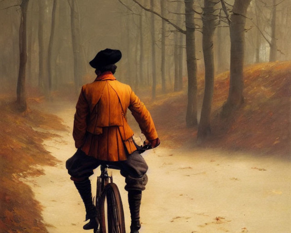 Person in Vintage Orange Jacket Riding Bicycle in Misty Forest