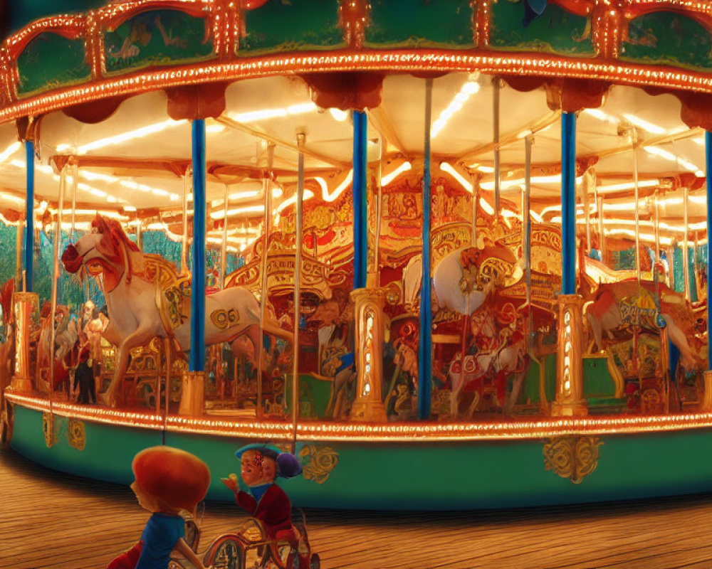 Vibrant carousel with ornate horses, chariots, and illuminated lights.