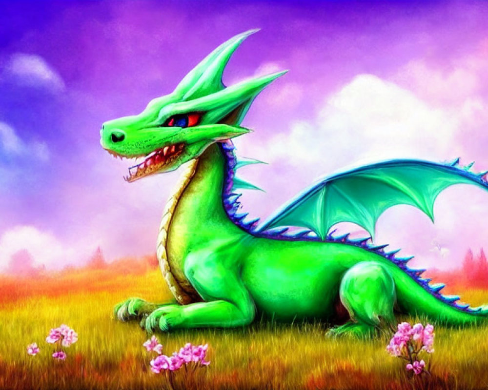Colorful illustration of green dragon in meadow under purple sky
