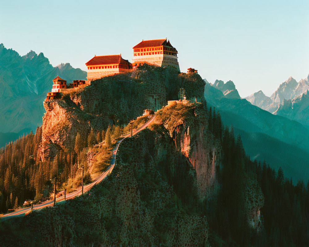 Ancient fortress on steep cliff with mountain backdrop