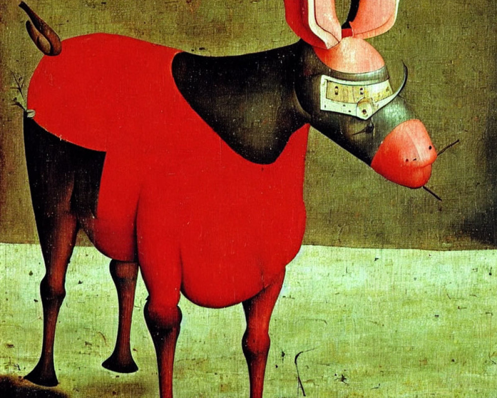 Surreal Painting: Red Anthropomorphic Creature with Sack, Funnel, and Stick-like Nose