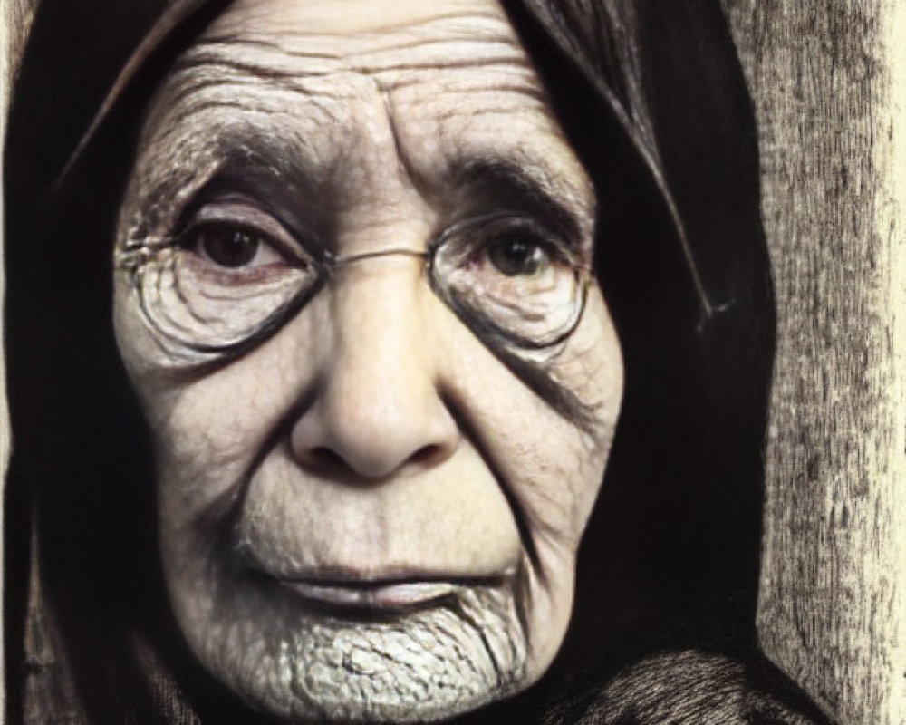 Elderly woman with headscarf and deep wrinkles gazes contemplatively