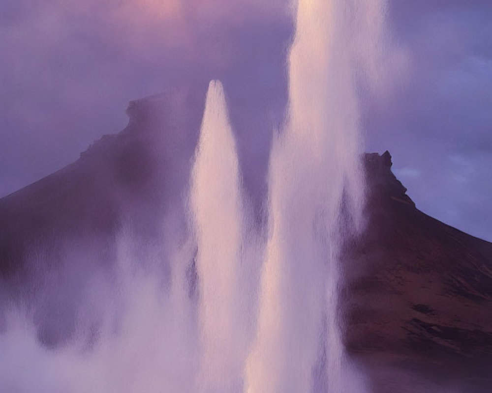 Geothermal geyser eruption under dramatic sky and rocky landscape