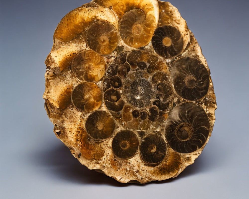 Fossilized ammonite with spiral chambers in golden-brown hues on blue background