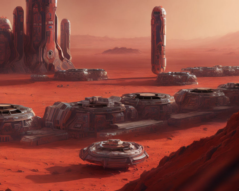 Red Martian landscape featuring futuristic structures and scattered equipment under a hazy sky