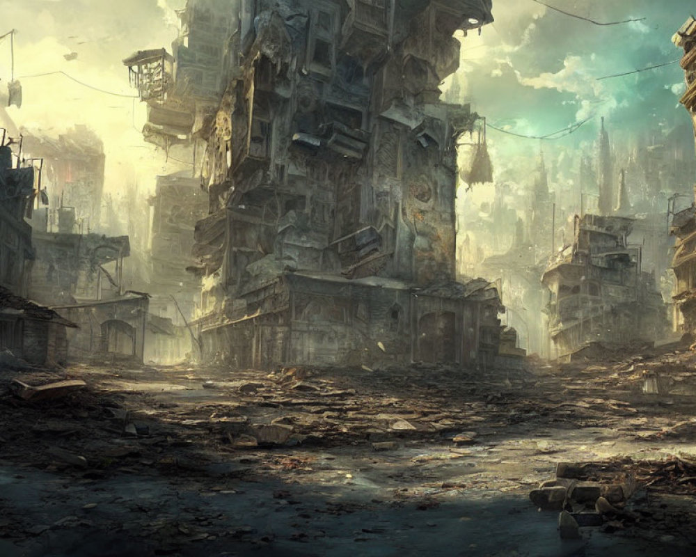 Desolate cityscape with crumbling buildings and debris-strewn streets