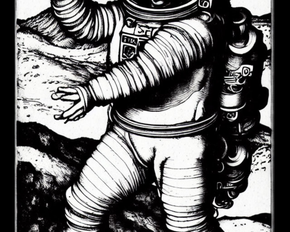 Vintage spacesuit astronaut walking on rocky moon surface with flagpole and visor up