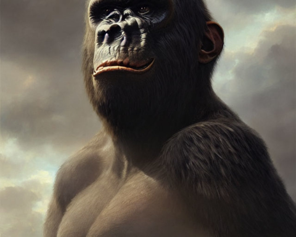 Realistic digital painting of two gorillas under a cloudy sky