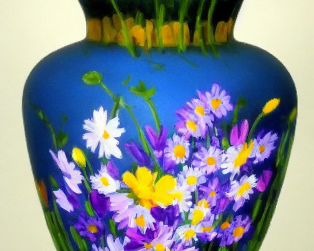 Blue Vase with Floral Design and Handles in White, Yellow, and Purple