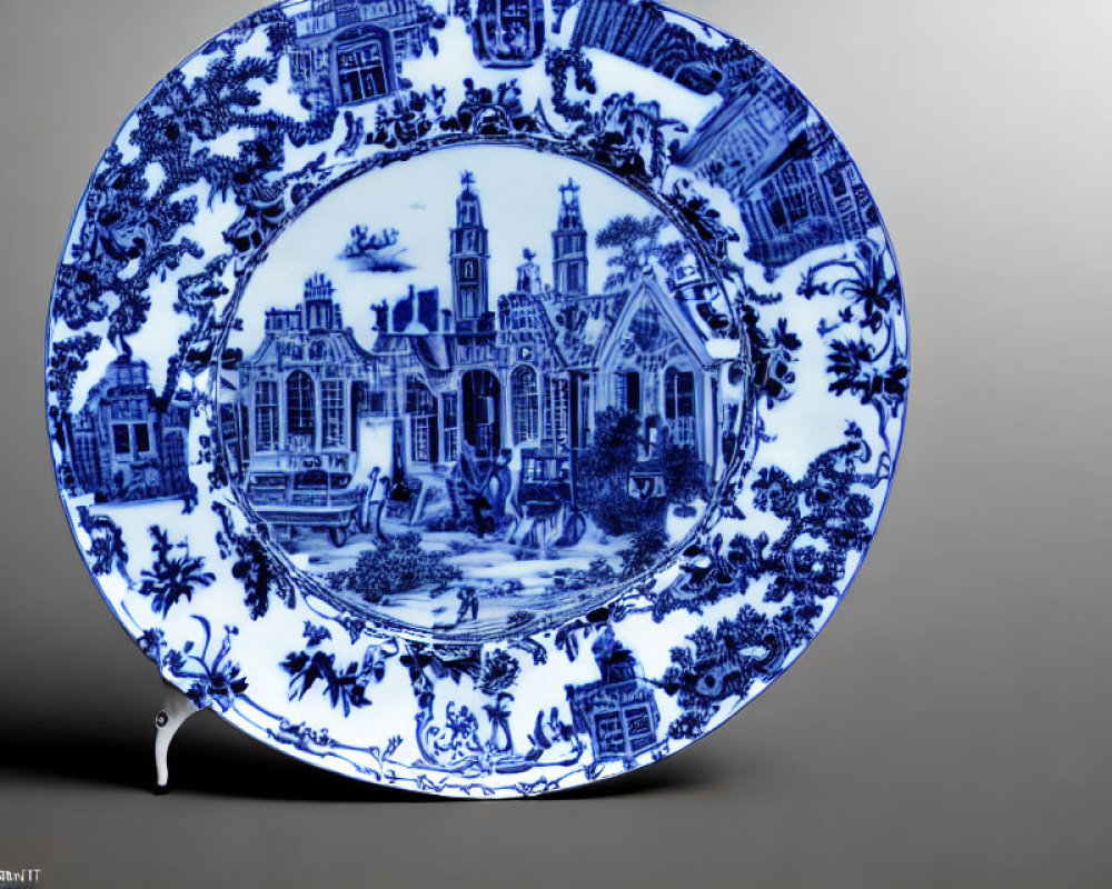 Traditional Blue and White Porcelain Plate with Intricate Architectural and Floral Patterns