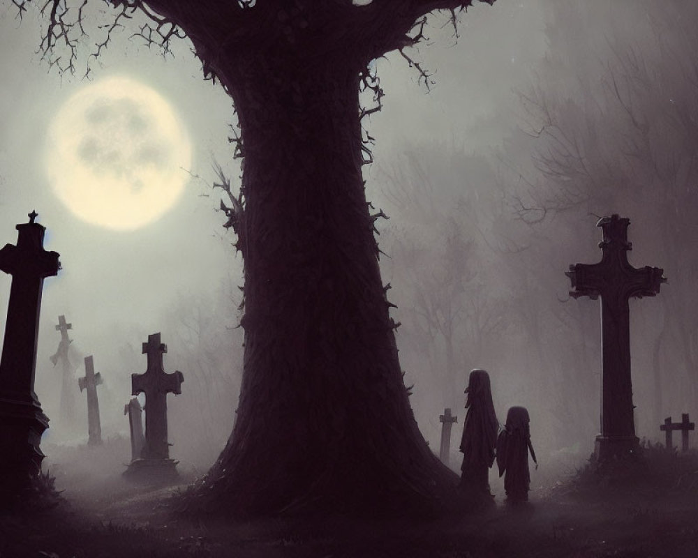 Spooky graveyard scene with crosses, tree, figure, and full moon