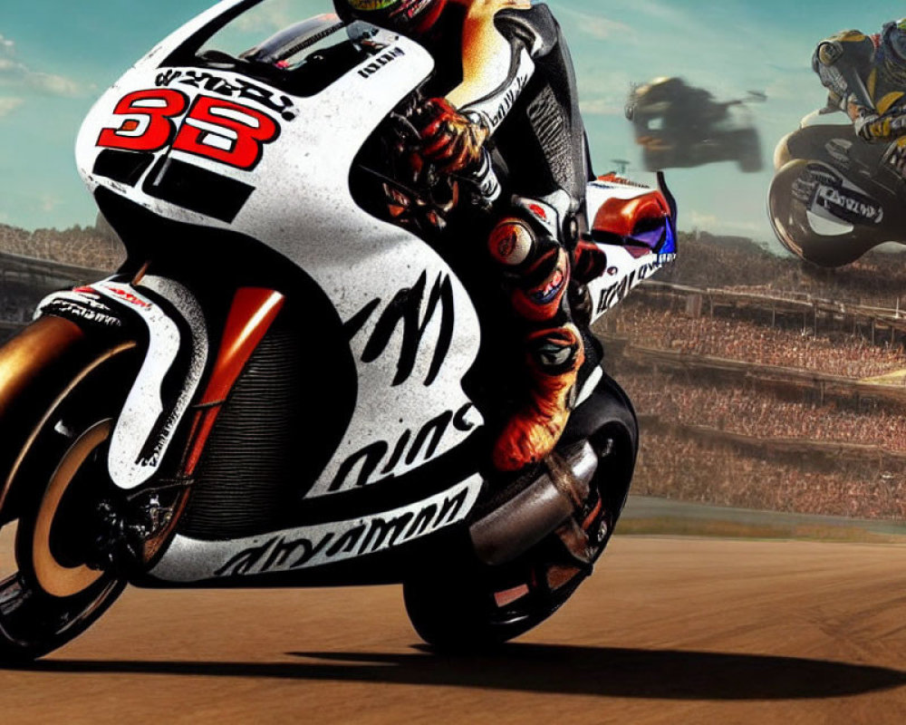 Motorbike racers navigating sharp turn with sponsor logos.