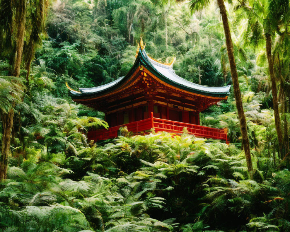 Red and Green Pagoda in Lush Forest Environment