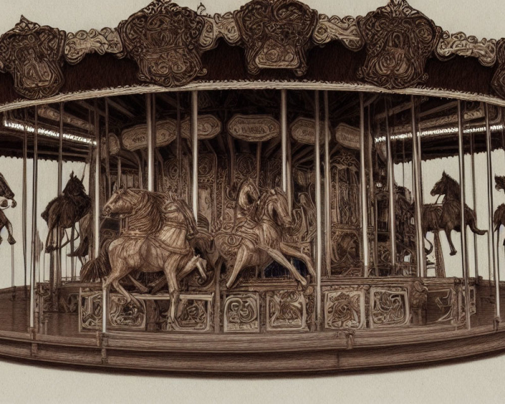 Vintage carousel with ornate horses in sepia tone