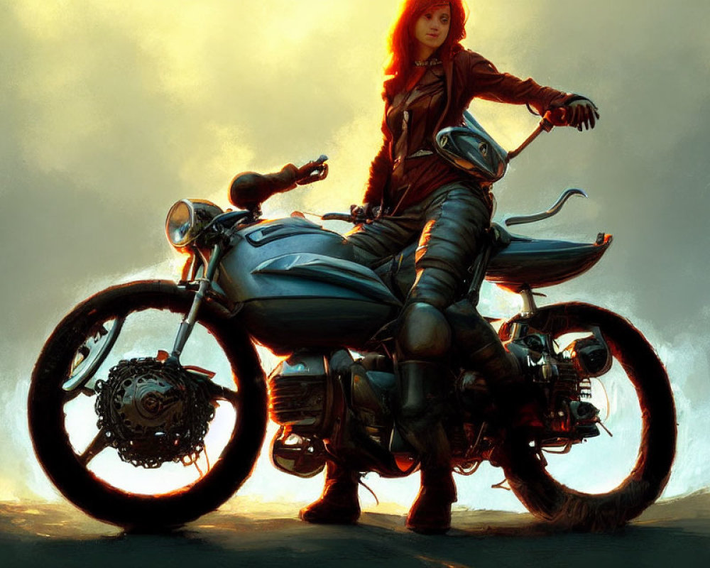 Red-Haired Woman Poses on Classic Motorcycle at Dusk