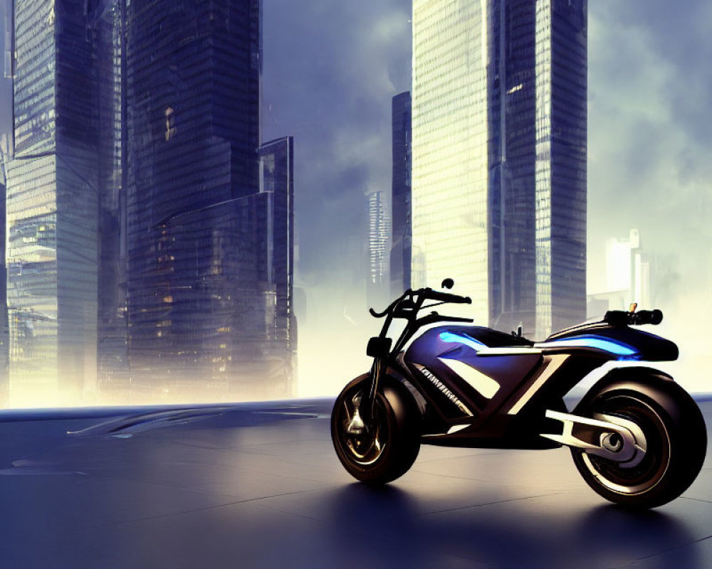 Modern Electric Motorcycle in Urban Plaza with Futuristic Buildings