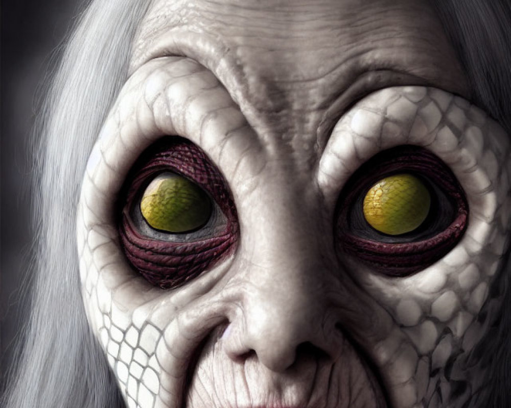 Elderly Woman with Reptilian Appearance: Large Yellow Eyes, Scaly Skin