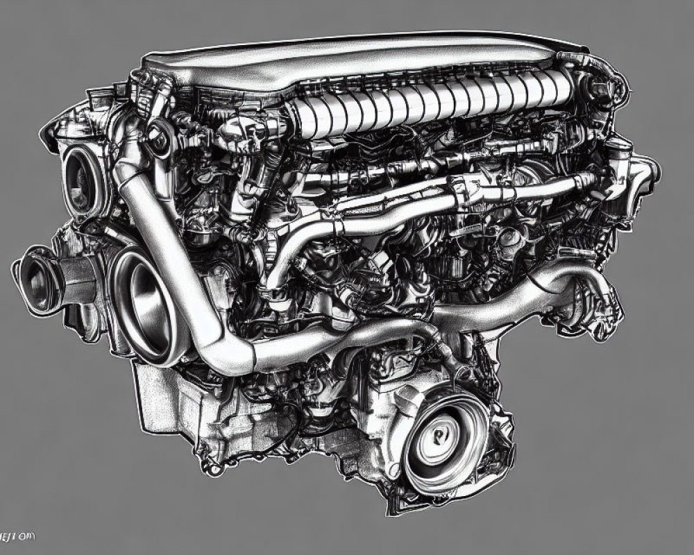 Detailed Black and White Illustration of Complex Car Engine Components