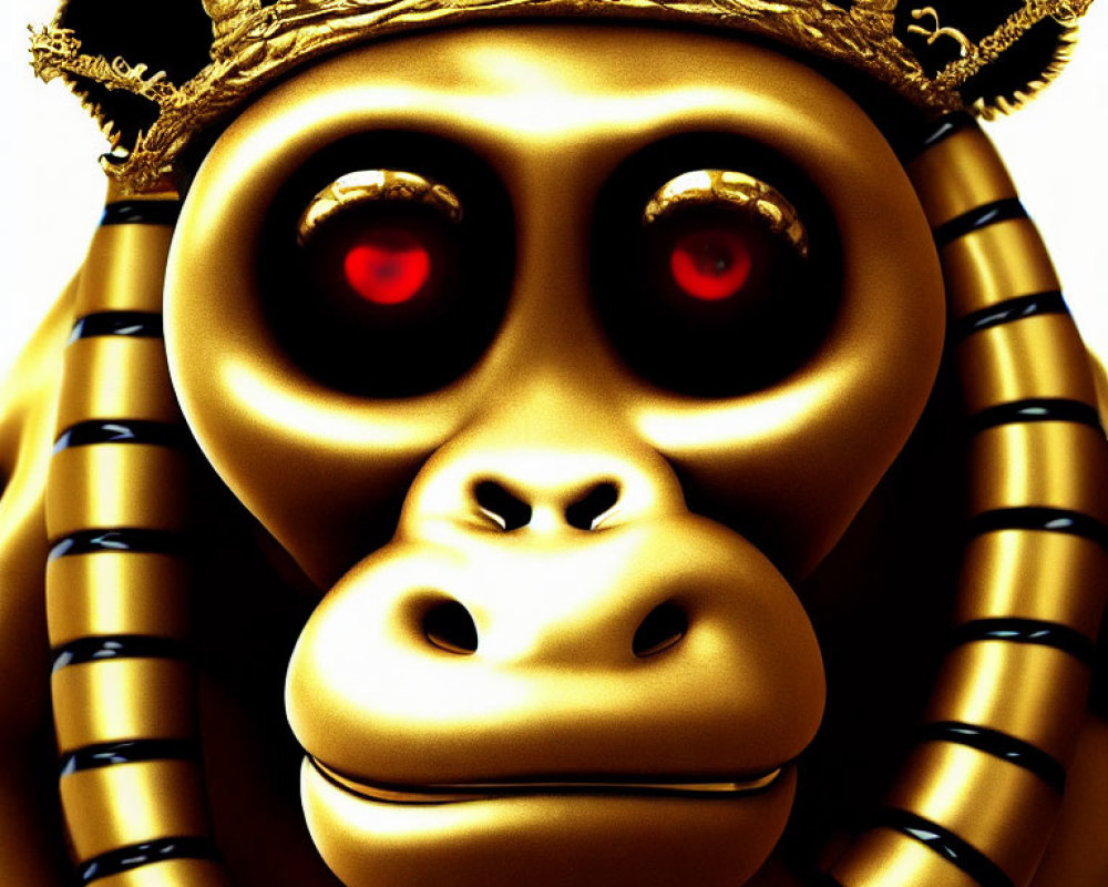 Golden 3D stylized gorilla with red eyes and crown: intricate details, glossy finish