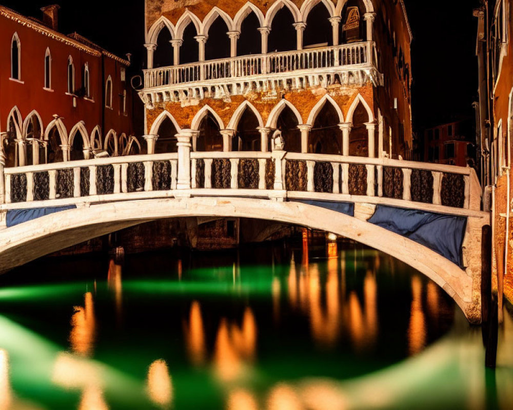 Illuminated Venetian canal with arched bridge at night