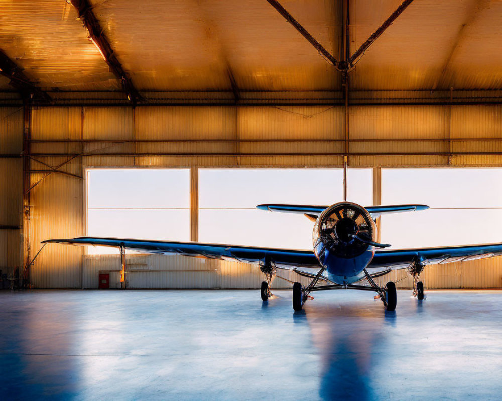 Vintage Airplane in Hangar with Sunlight Streaming Through Large Windows at Sunrise or Sunset