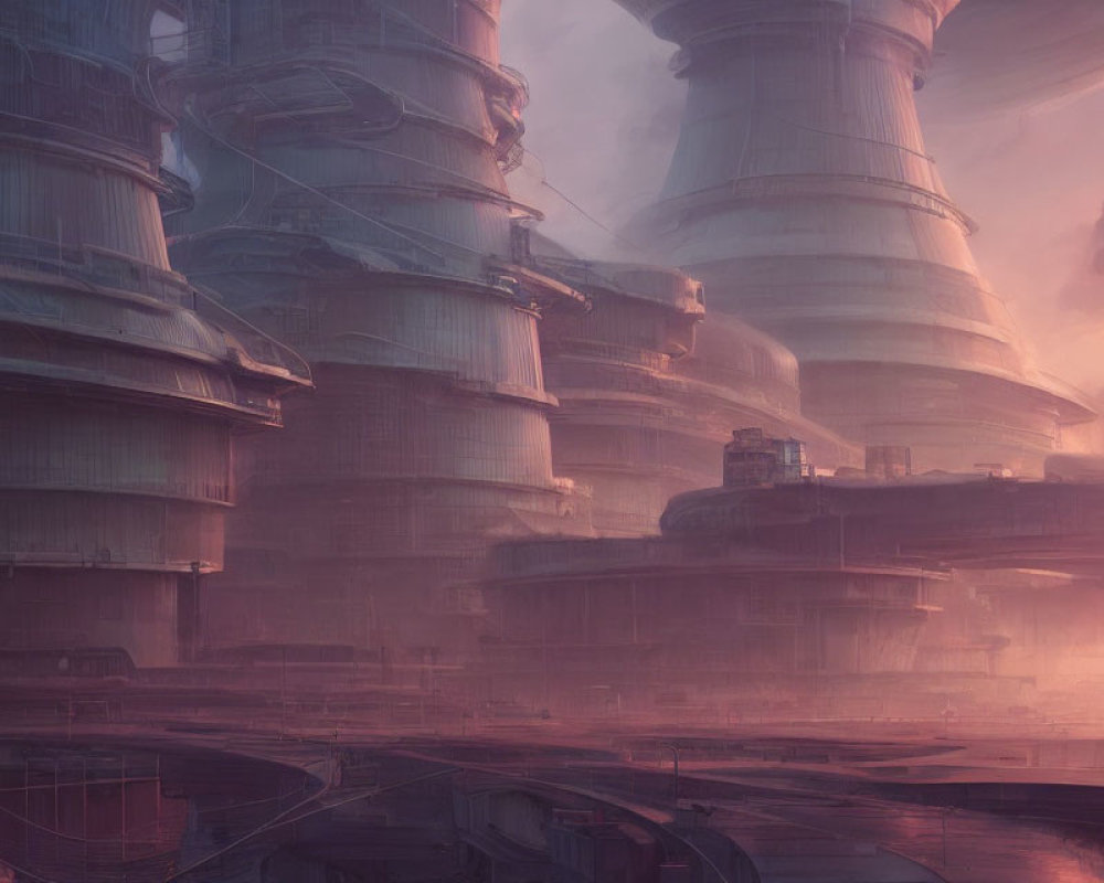 Futuristic cityscape with towering structures in a warm pinkish glow