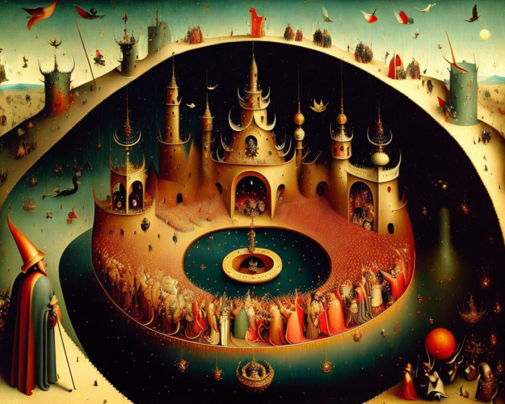 Surrealist painting of circular fantasy landscape with towers and robed figures