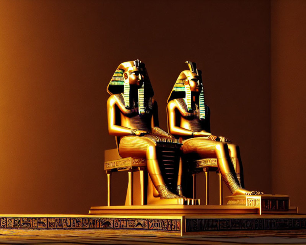 Ancient Egyptian golden statues on thrones with hieroglyphics on base