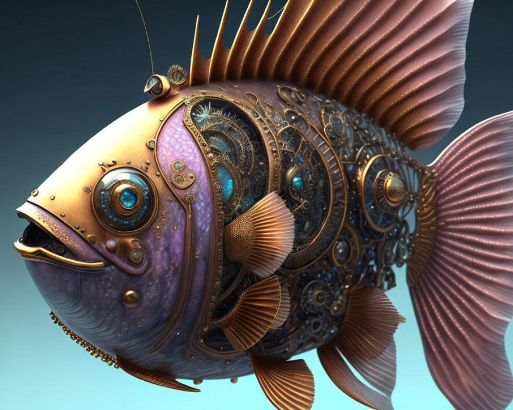 Steampunk fish digital art with gears and metallic textures on blue background