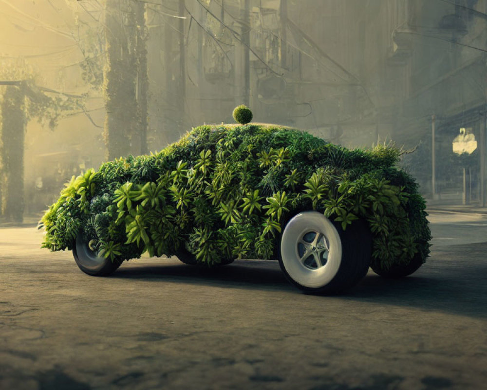 Green Plant-Covered Car on Urban Street with Eco-Friendly Theme