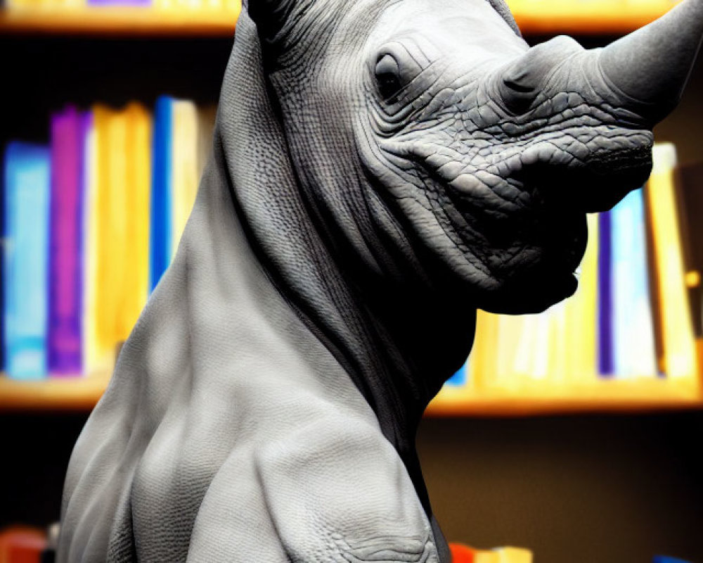 Surreal rhinoceros with bat-like ears in front of colorful bookshelf