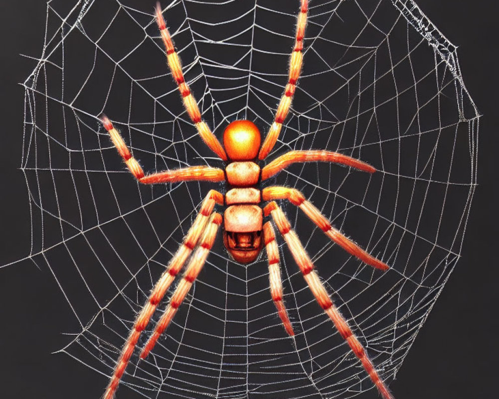Colorful Orange Spider on Intricate Web Against Dark Background