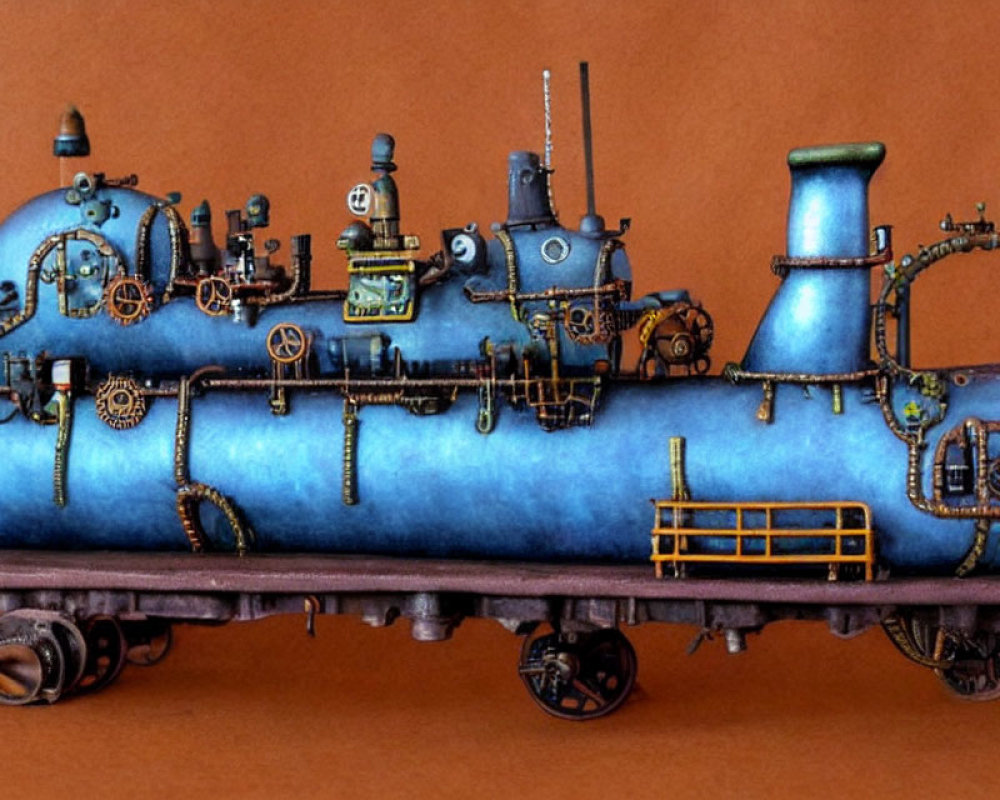 Intricate Steampunk Submarine Miniature on Brown Background