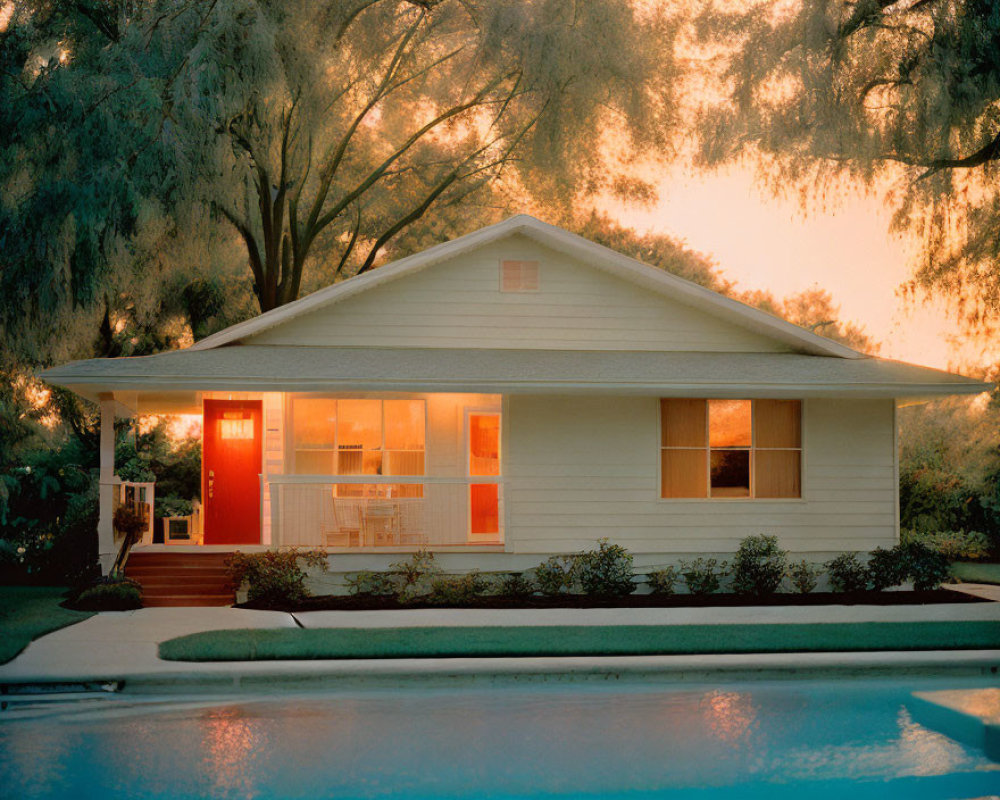 Suburban house with glowing interior, red door, trees, and swimming pool at sunset