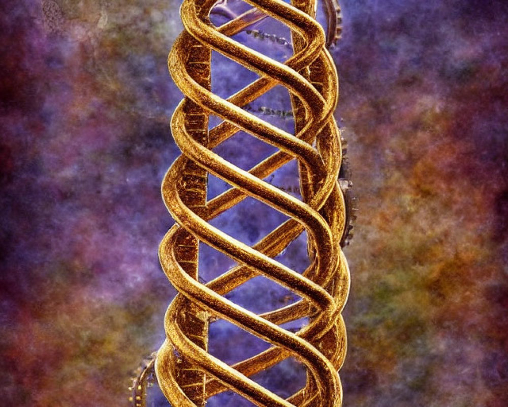 Golden double helix structure against cosmic background in digital art