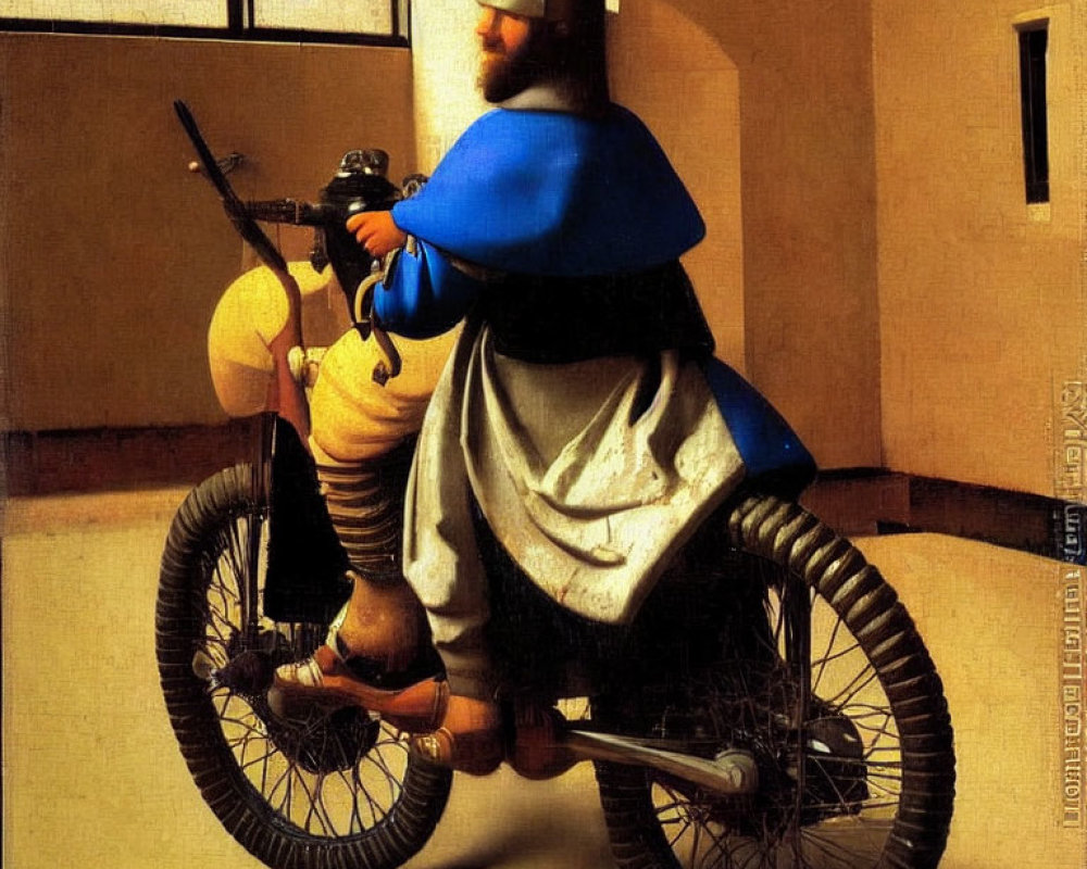 Surrealist artwork: Knight in armor on modern motorcycle in Renaissance-style room