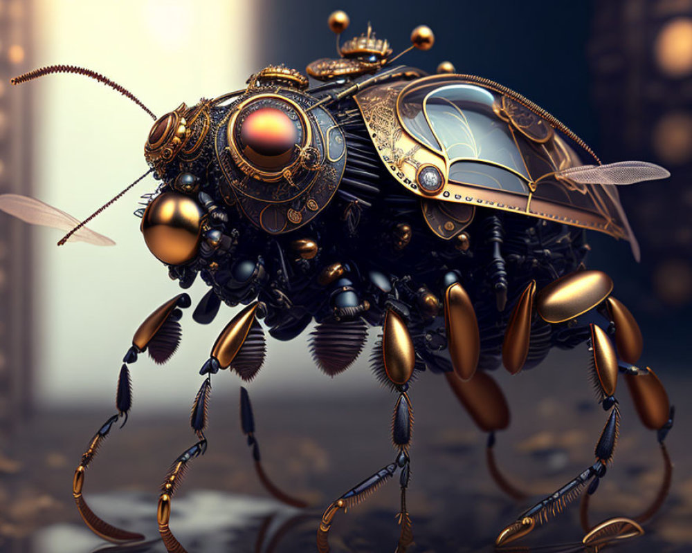 Steampunk-style mechanical insect with propeller-like wings in golden-lit setting