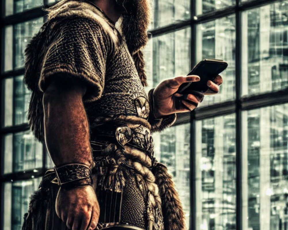 Viking-inspired costume person with smartphone in front of glass building
