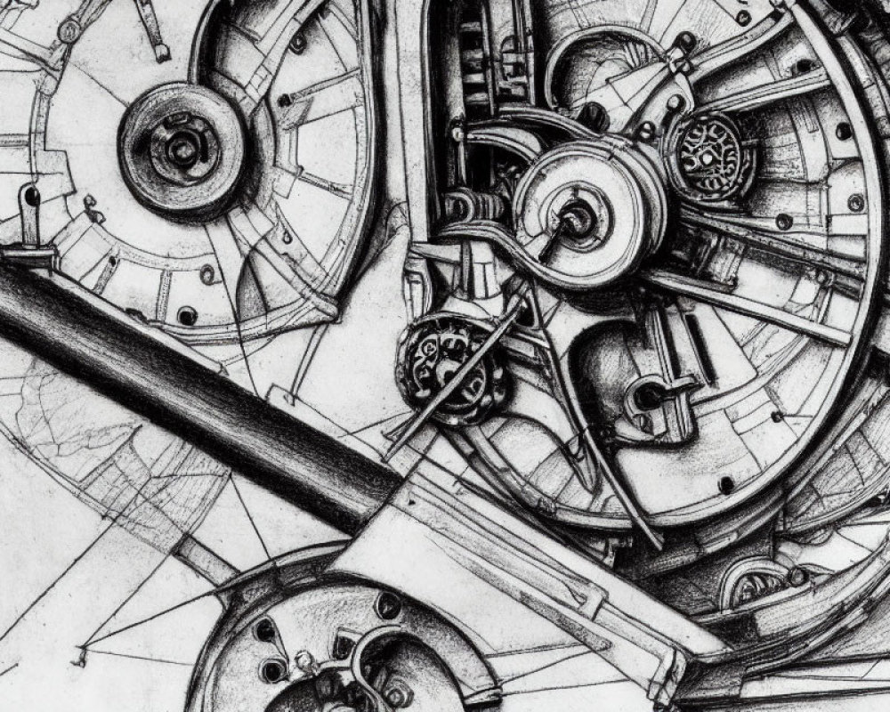 Detailed pencil sketch of intricate machinery with gears and cogs
