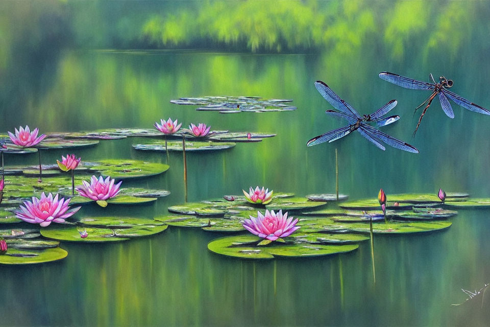 Tranquil Pond with Water Lilies and Dragonflies