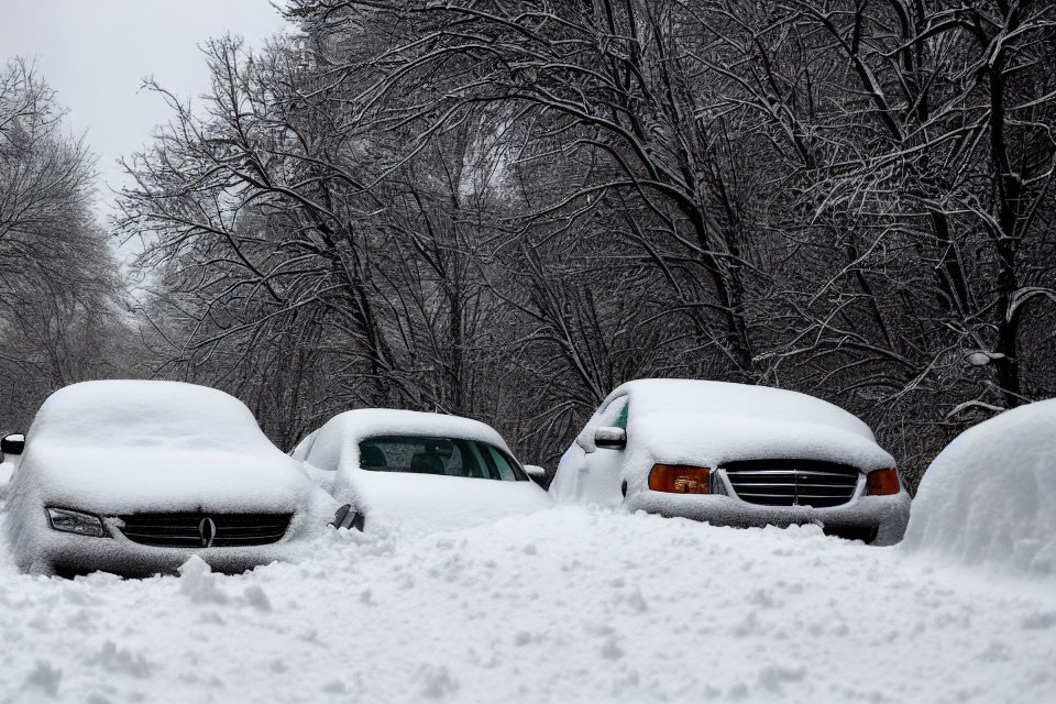 Snow-covered cars and trees on street in winter scene.