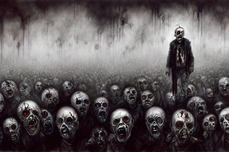 Monochrome artwork: Figure surrounded by zombie-like faces.