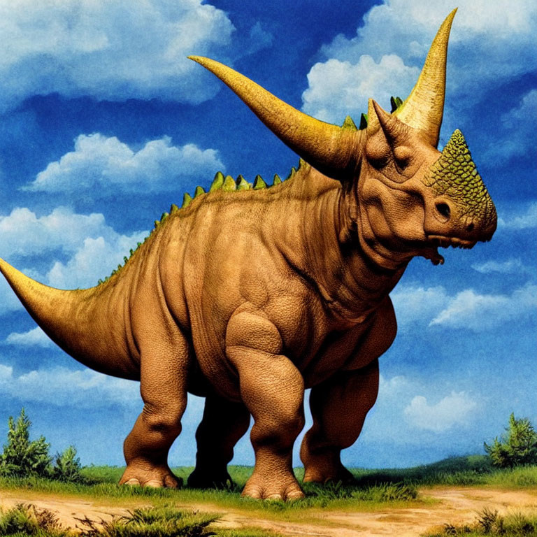 Triceratops dinosaur in grassy landscape with blue sky