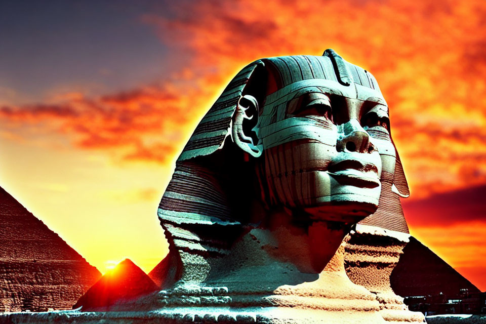 Ancient Sphinx and Pyramids at Sunset Sky