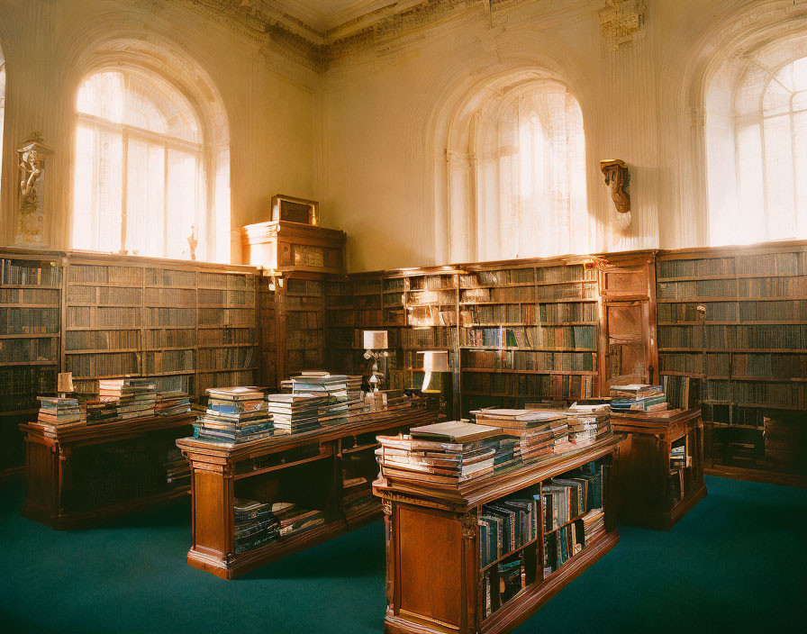Classical library room with wood-paneled walls and book-filled shelves